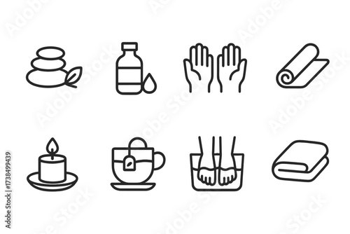 Relaxation Icon Set. Outline icon set of relaxation and wellness: spa stones, essential oil bottle, massage hands, yoga mat, calming candle, herbal tea, foot
