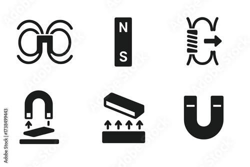 Magnetic Phenomena Icons. Solid, filled icon set of magnetic phenomena: magnetic field lines, north pole, south pole, magnetic flux, magnetic force, induced