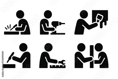 Repair Process Icons. Solid, filled icon set of repair processes: welding, drilling, sanding, painting, soldering, tightening, measuring, assembling. Solid,