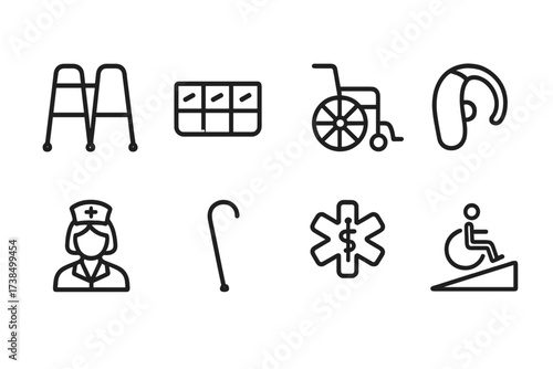 Elder Care Icons. Outline icon set of elder care: walker, pill organizer, wheelchair, hearing aid, nurse, cane, medical alert, wheelchair ramp. Line icons in