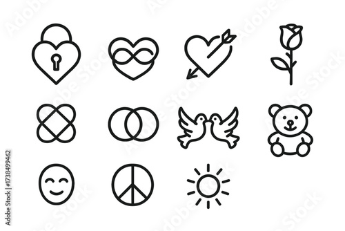 Affection and Warmth Icons. Outline icon set of affectionate symbols: heart lock, infinity heart, cupid?s arrow, rose, love knot, intertwined rings, doves,