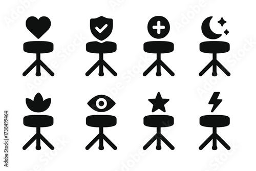 Drum Throne Icons. Solid, filled icon set of drum throne emotions and symbolism: comfort, stability, balance, support, relaxation, focus, confidence, energy.