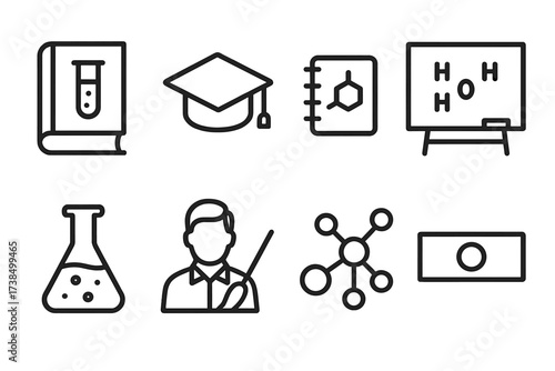 Chemistry Education Icons. Outline icon set of chemistry education: chemistry book, graduation cap, lab notebook, chalkboard with formulas, chemistry flask