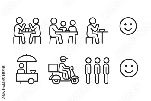 Icon Sets Compilation. Outline icon set of street food customers: group eating, family with kids, solo diner, couple sharing, street vendor, food delivery,