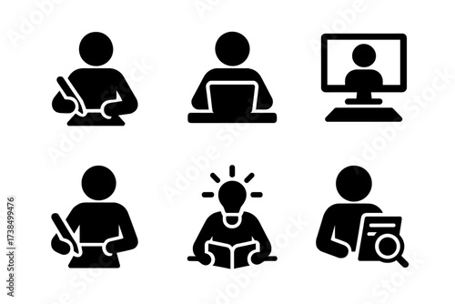 Desk Activity Icons. Solid, filled icon set of desk activities: writing, typing, reading, video call, drawing, planning, brainstorming, reviewing. [Solid,