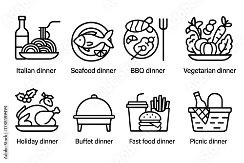 Dinner and Date Icons. Outline icon set of dinner themes: Italian dinner, seafood dinner, BBQ dinner, vegetarian dinner, holiday dinner, buffet dinner, fast