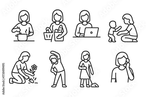 Mother's Daily Icons. Outline icon set of mother?s daily life: cooking, grocery shopping, working on laptop, playing with child, gardening, exercising,
