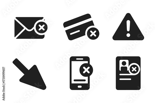 Financial Distress Icons. Solid, filled icon set of financial distress: overdue notice, credit card declined, empty bank account, warning triangle, warning
