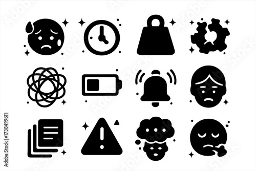 Stress Icons Collection. Stress. Solid icons set of stress: sweating face, ticking clock, heavy weight, broken gear, tangled lines, low battery, alarm bell,