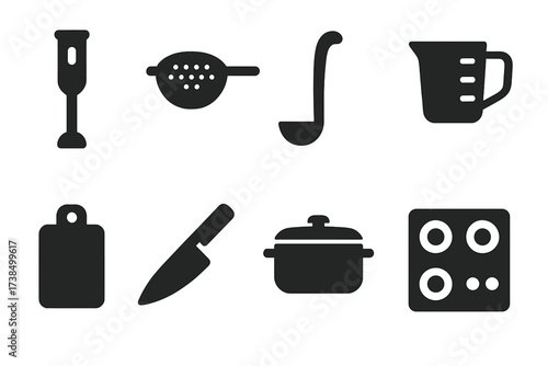 Soup Tool Icons. Solid, filled icon set of soup preparation tools: blender, strainer, ladle, measuring cups, cutting board, knife, pot, stove. [Line icons in