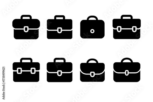 Diverse Briefcase Icons. Solid, filled icon set of briefcase designs: vintage, modern, minimalist, classic, rugged, executive, designer, casual. [Line icons in