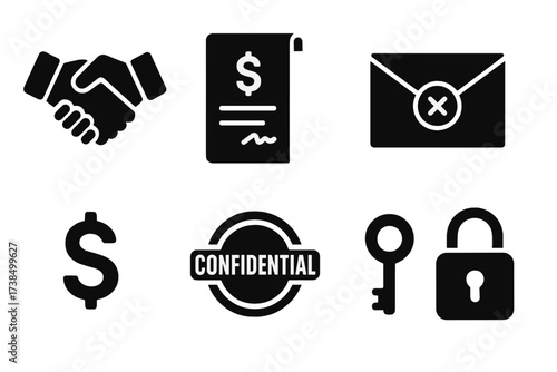 Private Deal Icons. Solid, filled icon set of private deal elements: handshake, contract, briefcase, sealed envelope, dollar sign, confidential stamp, key,