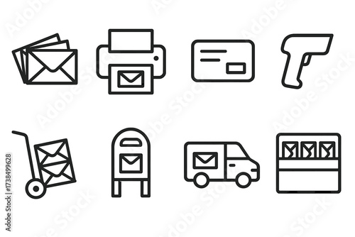 Mass Mailing Icons. Outline icon set of mass mailing process: envelope bundle, printer, address label, barcode scanner, mailing cart, postbox, delivery van,
