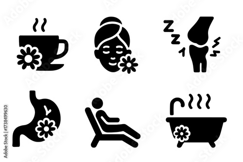 Chamomile Benefits Icons. Solid, filled icon set of chamomile uses: herbal tea, skin soothing, sleep aid, anti-inflammatory, digestive relief, relaxation,