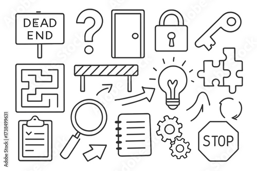 Problem Solving Doodle Icons. Hand-drawn doodle illustration deadend problem question mark, closed door, lock, key, maze, barrier, light bulb, puzzle pieces,