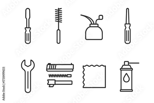Pistol Repair Tool Icons. Outline icon set of pistol repair and maintenance tools: screwdriver, cleaning brush, oil can, punch tool, wrench, spare parts,