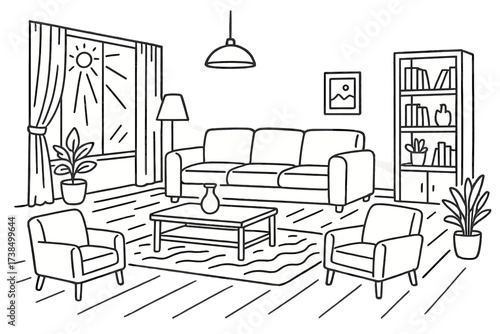 Spacious Living Room Doodle. Hand-drawn doodle illustration Spacious living room design large sofa, open floor, floor lamp, rug, bookshelf, coffee table,