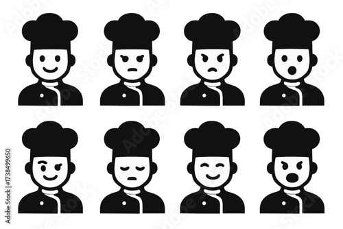 Chef Emotions Icons. Solid, filled icon set of chef facial expressions: happy chef, focused chef, angry chef, surprised chef, confident chef, tired chef, proud