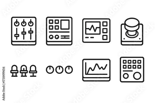 Control Room Icons. Outline icon set of control room panels: mixing console, switchboard, touch screen panel, emergency stop button, indicator lights, control