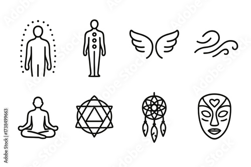 Spiritual Icon Set. Outline icon set of spiritual connection: aura glow, chakras, spirit wings, energy flow, meditating person, sacred geometry, dreamcatcher,