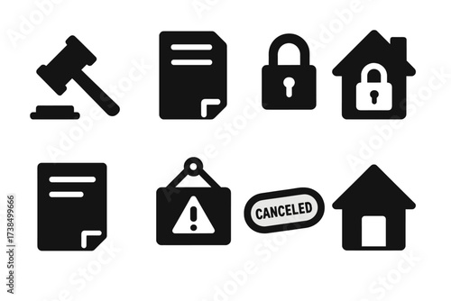 Foreclosure Icon Set. Solid, filled icon set of foreclosure: auction gavel, foreclosure notice, lock icon, padlocked house, eviction notice, final warning
