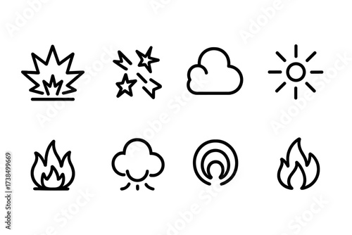 Grenade Effects Icons. Outline icon set of grenade effects: explosion blast, shrapnel, smoke screen, flash burst, stun effect, fire, gas cloud, concussion