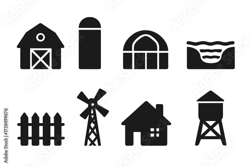 Farming Infrastructure Icons. Solid, filled icon set of farming infrastructure: barn, silo, greenhouse, irrigation canal, fence, windmill, farmhouse, water
