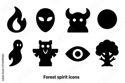 Forest Spirit Icons. Solid, filled icon set of forest spirits: wisp flame, masked entity, horned shadow, light orb, smoke silhouette, totem guardian, eye