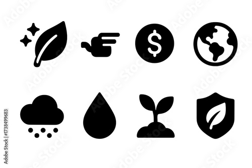 Eco Benefits Icons. Solid, filled icon set of eco mode benefits: leaf with sparkles, reduced emissions, money savings, green earth, clean air, water drop,