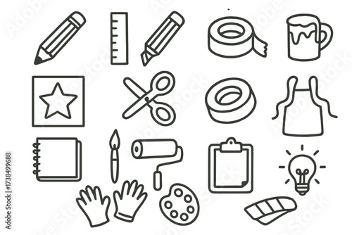 Art Supplies Doodle. Hand-drawn doodle illustration stencil making pencil, ruler, cutting knife, stencil sheet, scissors, masking tape, sketchbook, paintbrush,