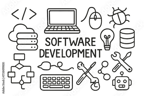 Tech Doodle Icons. Hand-drawn doodle illustration software development skills code brackets, laptop, computer mouse, keyboard, bug icon, cloud server, light