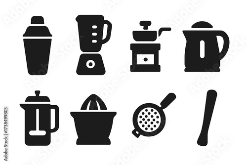 Drink Preparation Icons. Solid, filled icon set of drink preparation tools: cocktail shaker, blender, coffee grinder, kettle, french press, juicer, strainer,