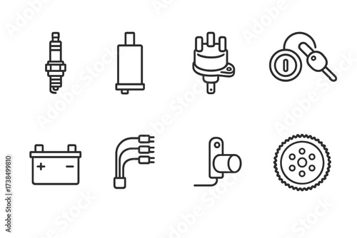 Ignition System Icons. Outline icon set of engine ignition system: spark plug, ignition coil, distributor, ignition switch, battery, ignition wires, crank