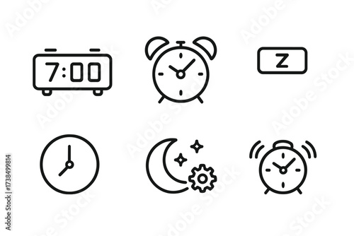 Alarm Clock Icons. Outline icon set of alarm clocks: digital alarm, analog alarm, snooze button, alarm bell, time display, night mode, alarm