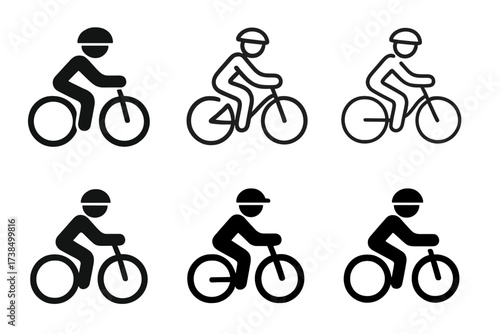 Urban Bike Logo Variations. A person using a city bike-sharing program, riding through urban streets. Set Logo of Urban bike-sharing: cyclist with helmet.