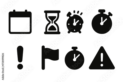 Deadline Icon Set. Solid, filled icon set of deadline symbols: calendar page, hourglass with sand, alarm clock ringing, stopwatch, exclamation mark, red flag,