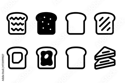 Variety of Toasts Icons. Solid, filled icon set of toast textures: crispy toast, burnt toast, soft toast, golden toast, buttered toast, jammed toast, plain