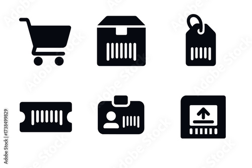 Barcode Application Icons. Solid, filled icon set of barcode applications: retail sales, inventory control, asset tracking, library system, ticket validation,