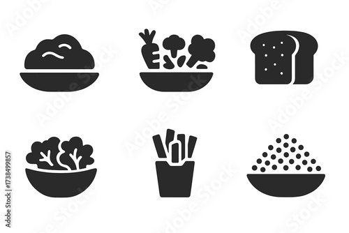 Main Course Icons. Solid, filled icon set of main course accompaniments: mashed potatoes, steamed vegetables, rice, bread, salad, fries, couscous, quinoa.