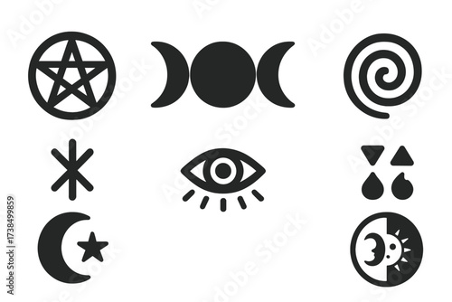 Witchcraft Symbols Grid. Solid, filled icon set of witchcraft symbols: pentagram, triple goddess, protection sigil, spiral, eye symbol, elemental icons,