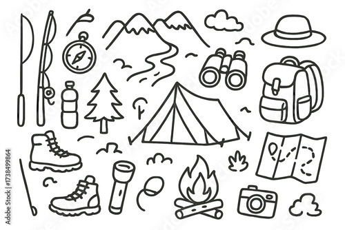 Outdoor Adventure Icons. Hand-drawn doodle illustration Outdoor adventure tent, mountain, river, campfire, backpack, hiking boots, compass, map, binoculars,