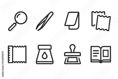 Stamp Tool Icons. Outline icon set of stamp tools: magnifying glass, tweezers, stamp hinge, stamp mounts, perforation gauge, watermark detector, stamp press,