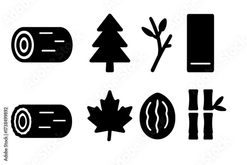 Wood Types Icons. Solid, filled icon set of wood types: oak log, pine tree, birch branch, mahogany plank, cedar log, maple leaf, walnut nut, bamboo stalk.