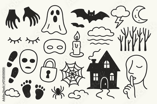 Eerie Doodle Compilation. Hand-drawn doodle illustration darkness and fear shadow hands, ghost, closed eyes, mask, bat, candle, fog, dark forest, footprints,