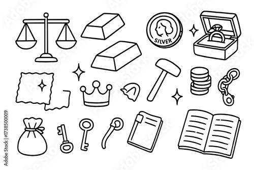 Precious Metal Symbols. Hand-drawn doodle illustration precious metal trading scales, gold bar, silver coin, platinum ingot, jewelry box, hammer, polishing