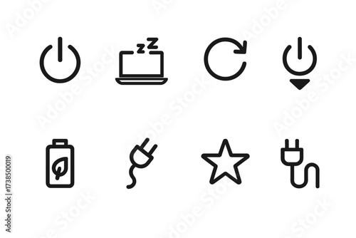 Laptop Power Icons. Outline icon set of laptop power management: power button, sleep mode, restart, shutdown, battery saver, plug-in, energy star, power cord.