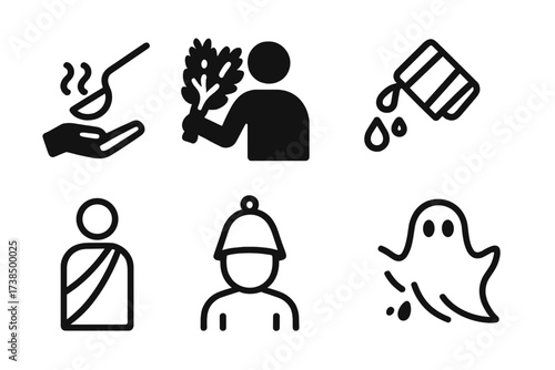 Iconic Bathhouse Rituals. Solid, filled icon set of bathhouse rituals: steam pouring, birch whisk hitting, wooden bucket pouring, hot stone heating, towel