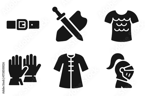 Armor Accessory Icons. Solid, filled icon set of armor accessories: belt, sword sheath, shield strap, chainmail shirt, leather gloves, padded gambeson, helmet