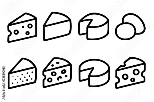 Cheese Icon Set. Solid, filled icon set of cheese types: cheddar, brie, gouda, mozzarella, parmesan, blue cheese, camembert, swiss. Line icons in only black