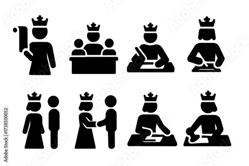Queen's Royal Duties Icons. Solid, filled icon set of queen?s royal duties: decree, meeting, council, letter writing, signing documents, receiving guests,